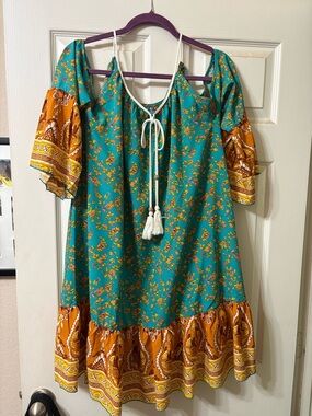 Turquoise Floral Boho Dress with Mustard Border